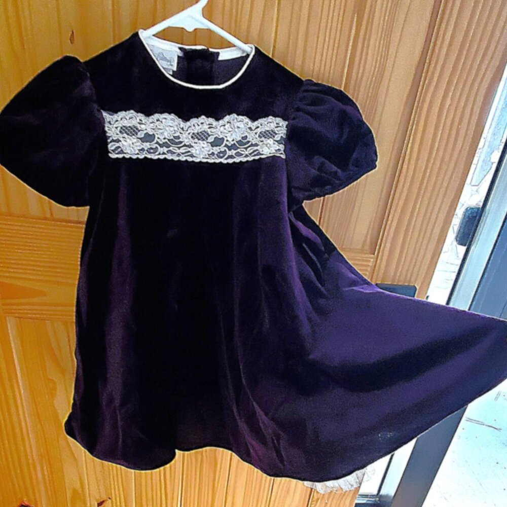 Rare Editions Dark Purple Velvet, Satin Trim Lace & Cream Roses Dress Size 6